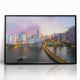 Large abstract wall art featuring a vibrant depiction of Miami's skyline on a framed acrylic panel.