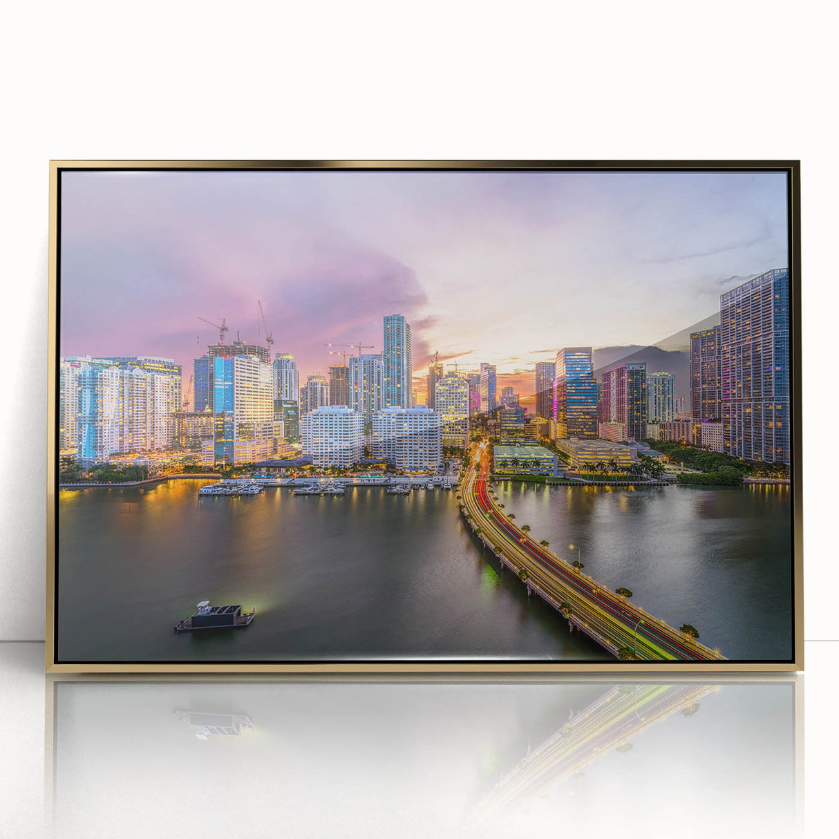 Framed acrylic print of Miami skyline in gold and teal, ideal for modern art wall decor.