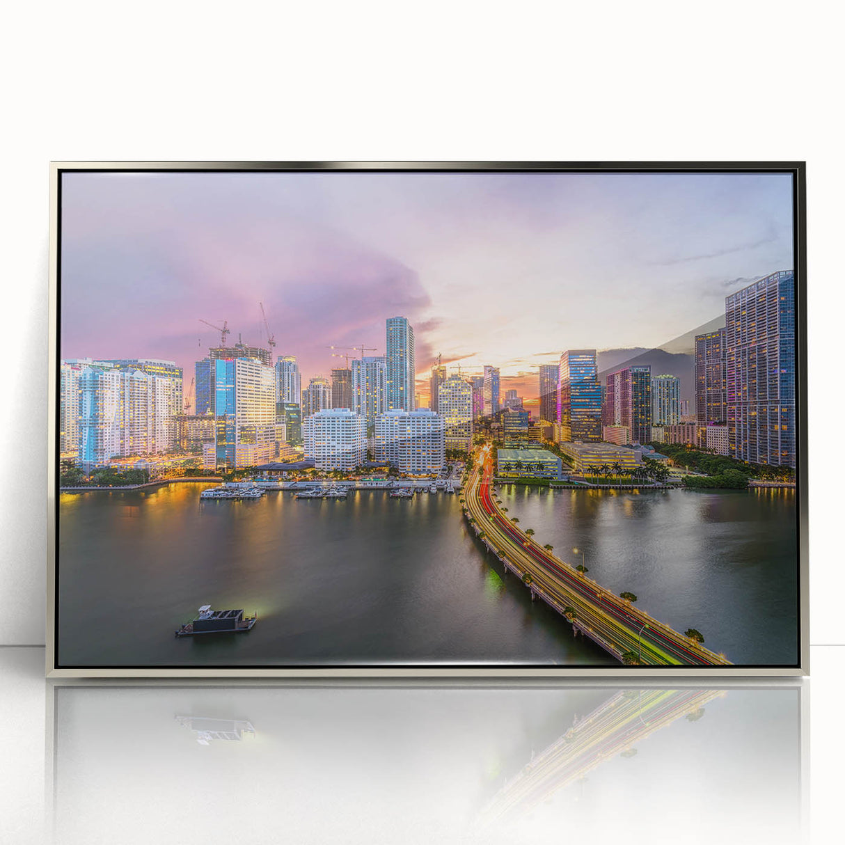 Framed acrylic print of Miami skyline in pastel shades, styled in mid-century modernist art, ideal for modern art wall decor.