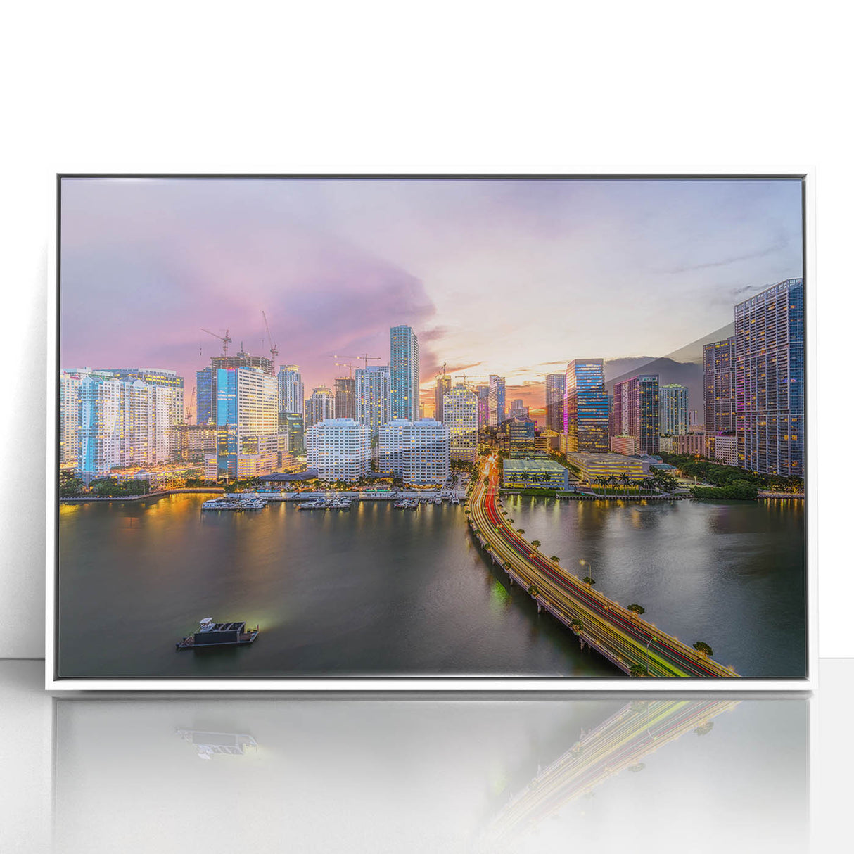 Art Deco poster of Miami skyline in pastel shades on white framed acrylic, ideal for modern art wall decor.