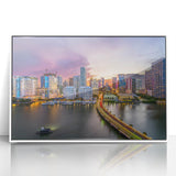 Art Deco poster of Miami skyline in pastel shades on white framed acrylic, ideal for modern art wall decor.