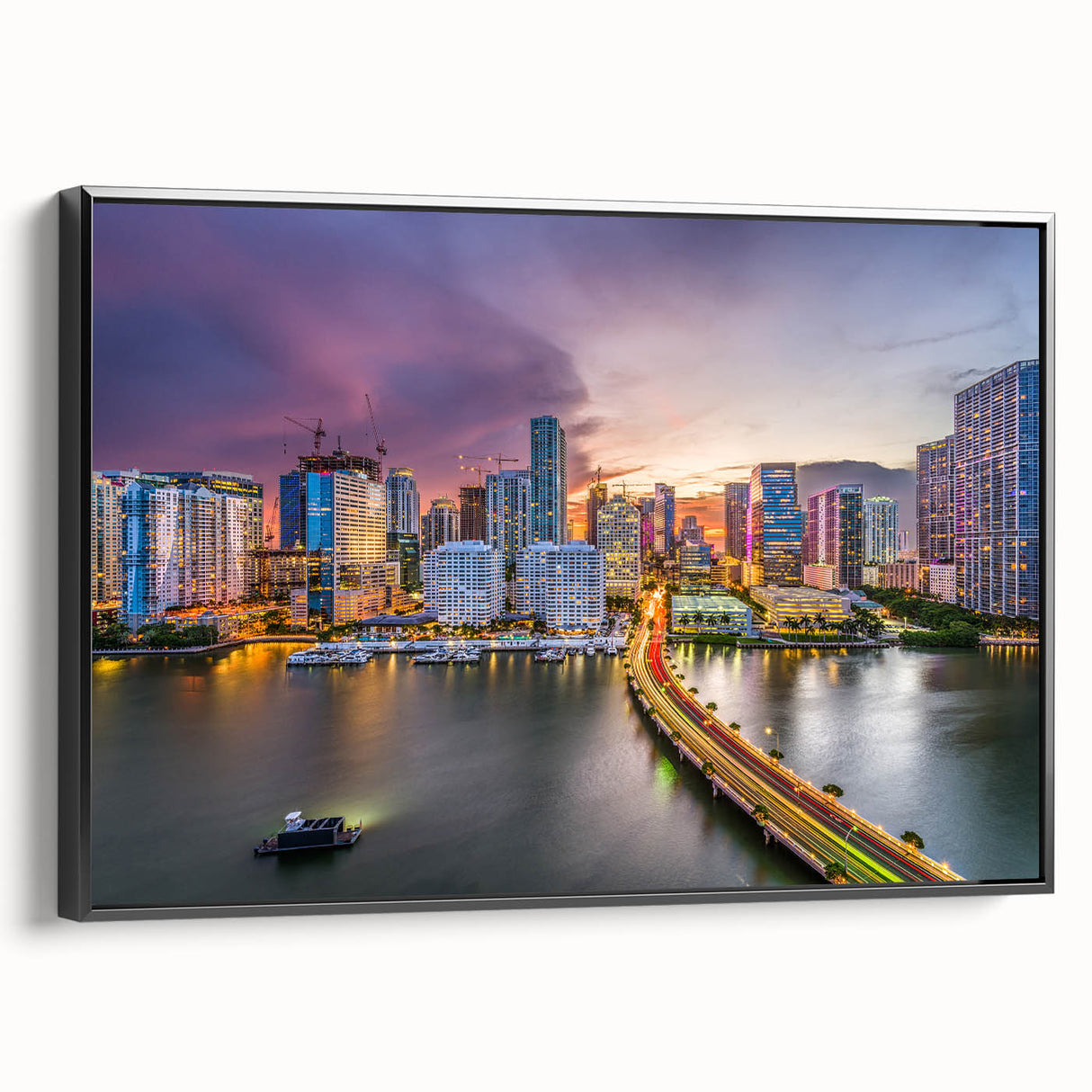Black and white framed canvas of Miami landscape, ideal for bedroom wall art, featuring vintage poster style.