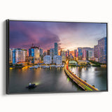 Black and white framed canvas of Miami landscape, ideal for bedroom wall art, featuring vintage poster style.