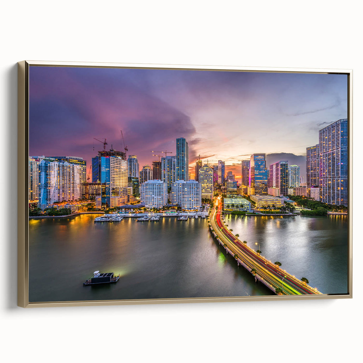 Vintage poster art of Miami landscape in muted gold and black tones on framed canvas, ideal for bedroom wall decor.