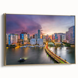 Vintage poster art of Miami landscape in muted gold and black tones on framed canvas, ideal for bedroom wall decor.