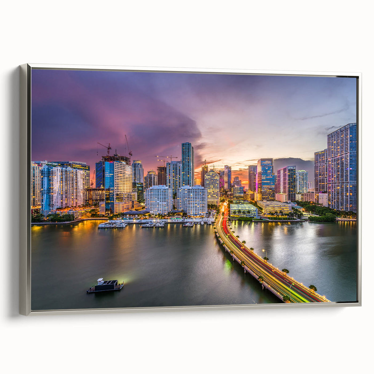 Framed canvas of a vintage Miami landscape with colorful art and black accents, ideal for living room decor.