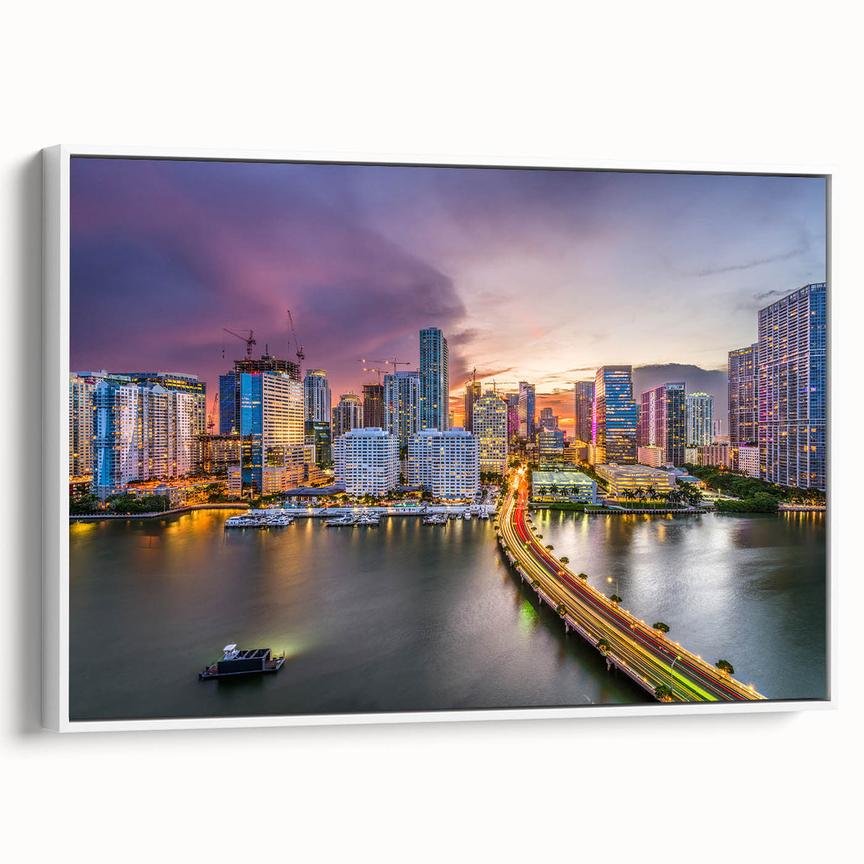 Vintage poster art of Miami skyline with vibrant colors on extra large framed canvas, ideal for living room decor.