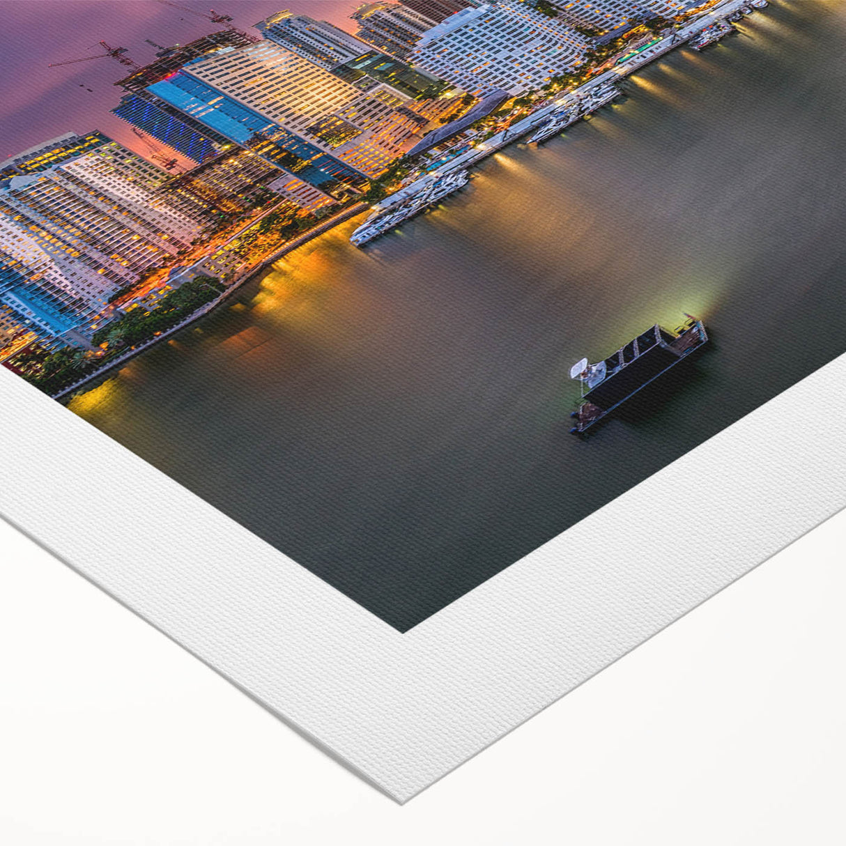 Art deco poster of Miami skyline in pastel shades on rolled canvas, suitable for dining room wall art.