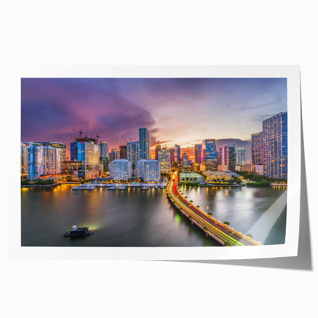 Rolled print of Miami skyline with vibrant sunset hues, ideal for art wall dining room.