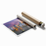 Extra large rolled print of Miami skyline with vibrant sunset hues, ideal for classy bathroom wall art.