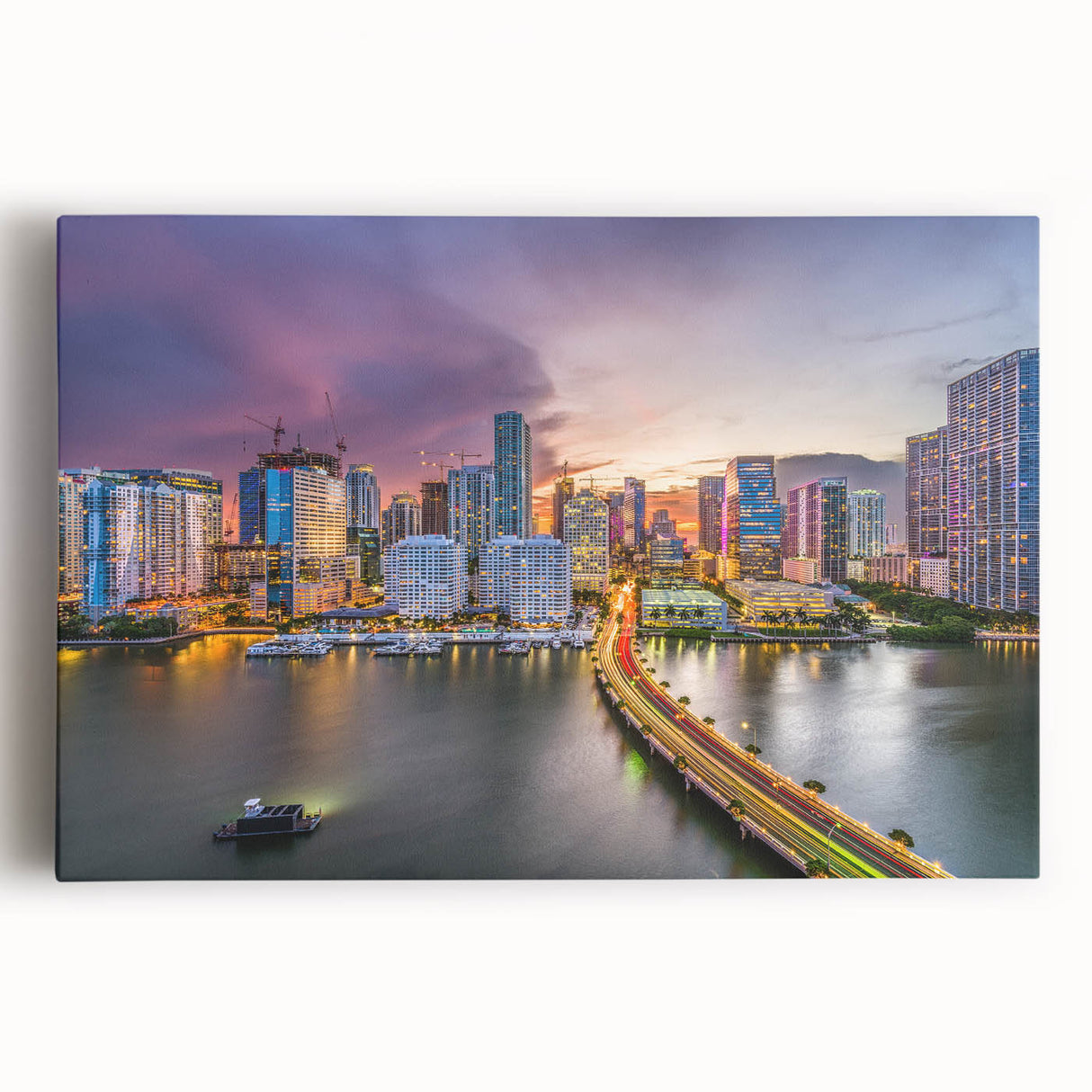 Black and white photo of Miami skyline on large stretched canvas, suitable for kitchen wall art.
