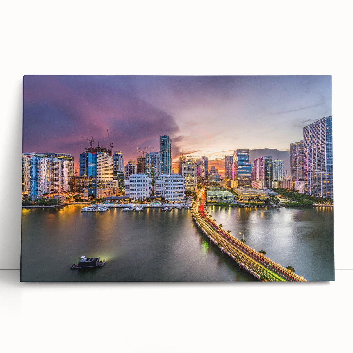 Black and white stretched canvas of Miami skyline, ideal for kitchen wall art or bedroom ambiance.