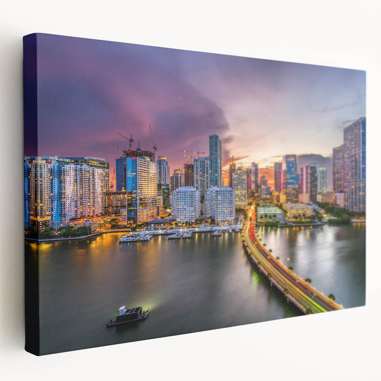 Vibrant Miami skyline on large stretched canvas, suitable for kitchen wall art.