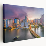 Vibrant Miami skyline on large stretched canvas, suitable for kitchen wall art.