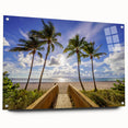 Acrylic print of a Florida palm beach with soft blue and sandy tones, suitable for bedroom or dining room decor.