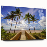 Acrylic print of a Florida palm beach with soft blue and sandy tones, suitable for bedroom or dining room decor.