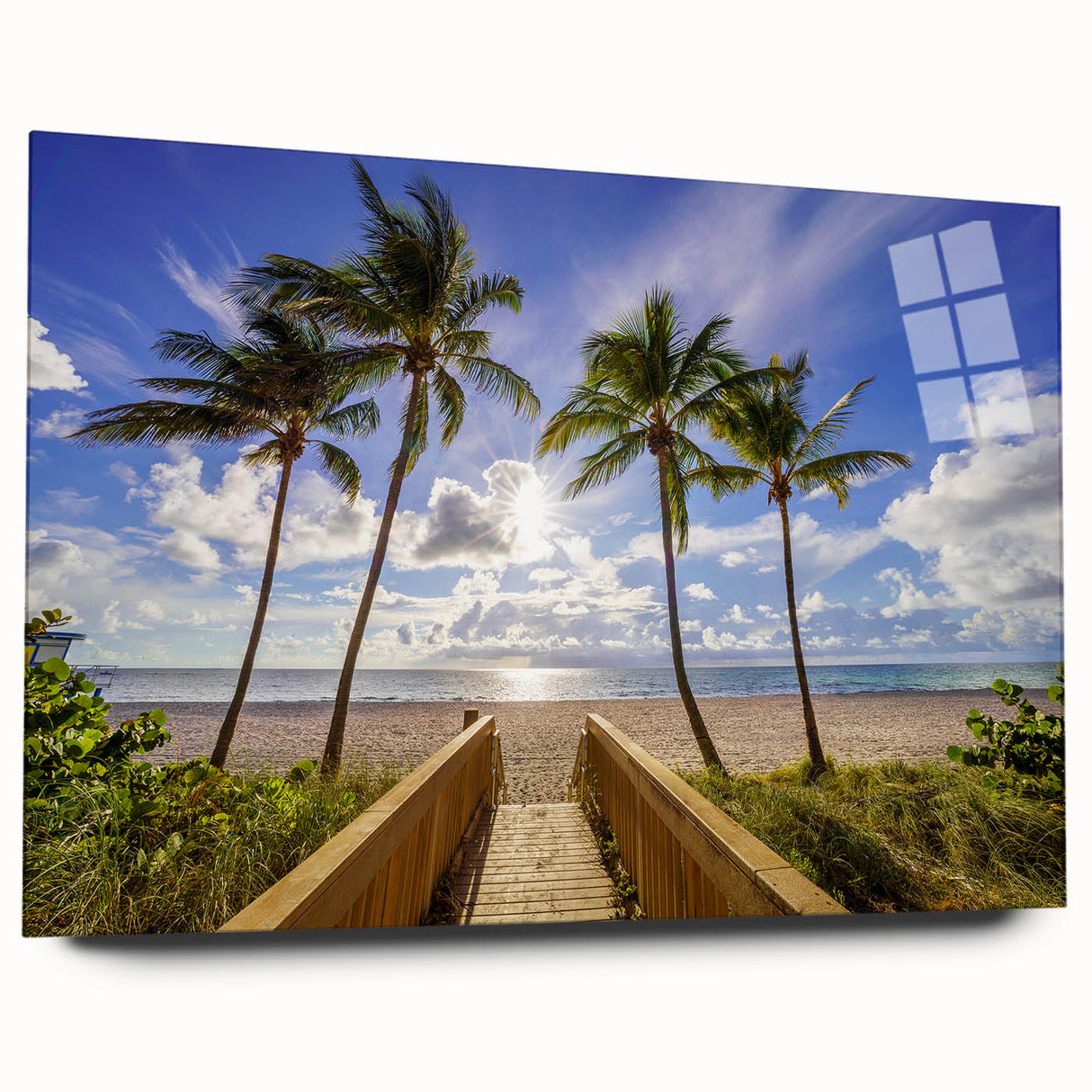 Large abstract wall art of Palm Beach with a palette of soft blues and greens on acrylic glass.