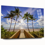 Large abstract wall art of Palm Beach with a palette of soft blues and greens on acrylic glass.