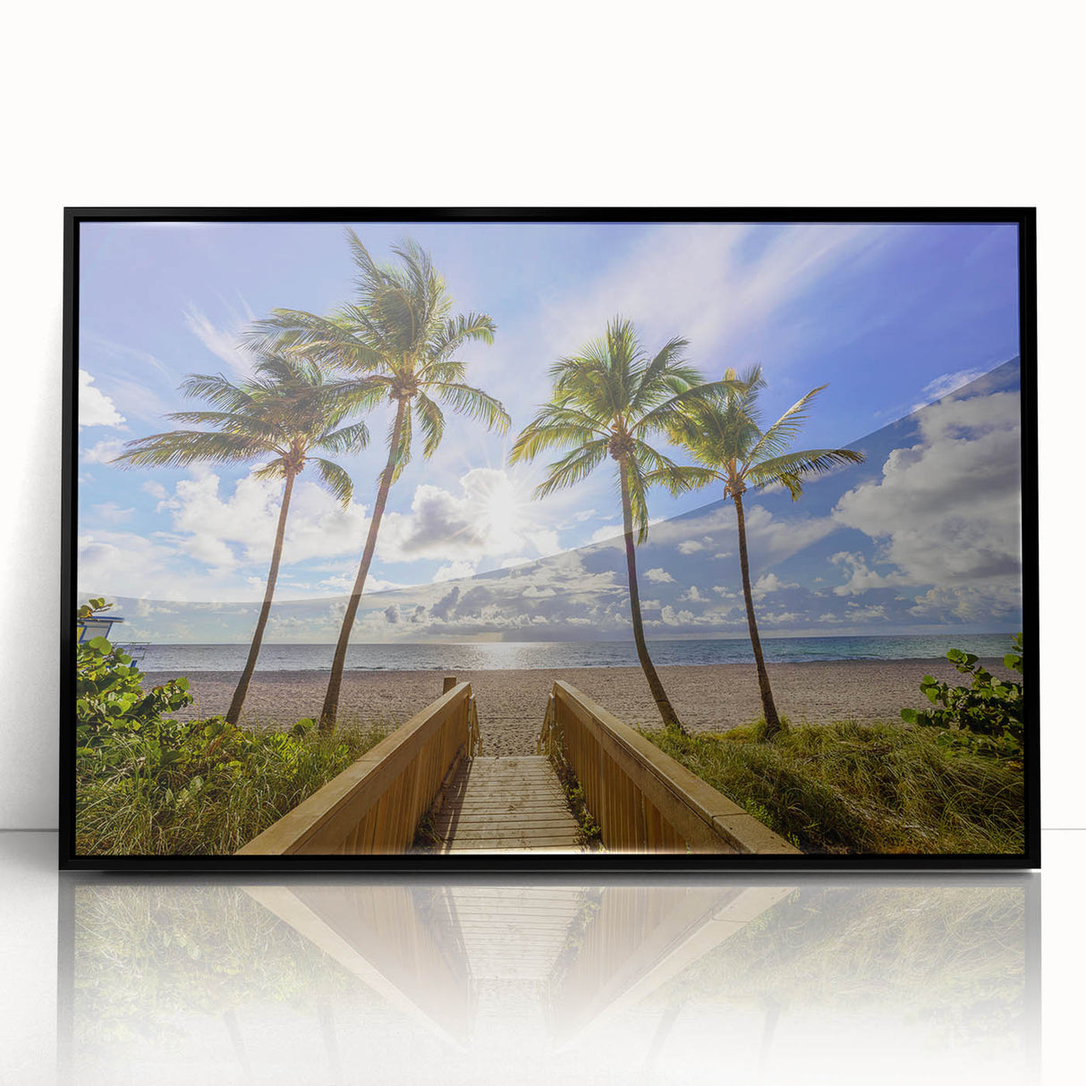 Large abstract wall art depicting Palm Beach, using vibrant blue and pink tones on a framed acrylic.