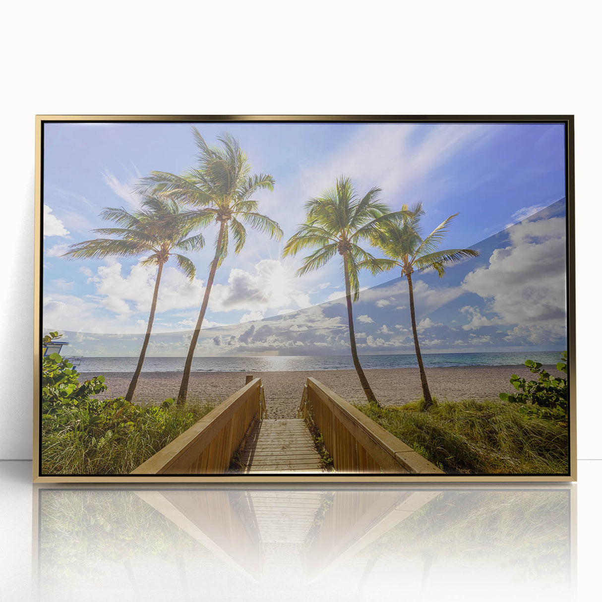 Mid-century modernist art of Florida's Palm Beach in muted gold tones on framed acrylic, suitable for modern art wall decor.