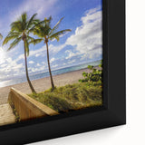 Extra large framed canvas featuring a textured depiction of Palm Beach with vibrant colors on a black background.