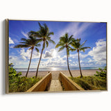 Framed canvas featuring a vintage-style landscape of Palm Beach with muted gold and black tones, ideal for bedroom wall art.