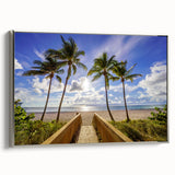 Framed canvas featuring a vintage-style landscape painting of Palm Beach with vibrant colors on a black background.