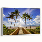 Vintage poster art of Palm Beach with colorful palette on framed canvas, ideal for living room decor.