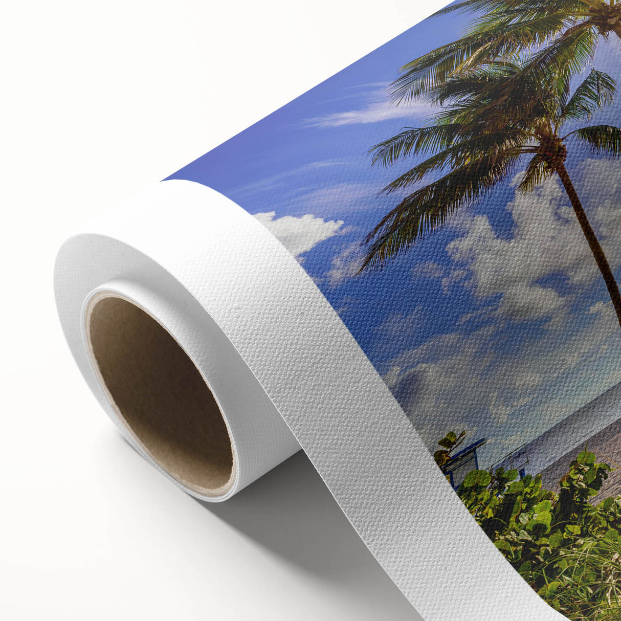 Art Deco poster of Palm Beach with pastel color palette on rolled canvas, suitable for nursery wall art or dining room decor.