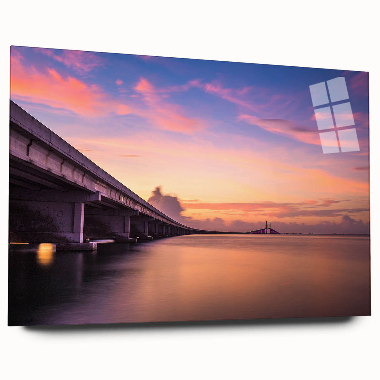 Large abstract Tampa skyline in cool blue and gray tones on acrylic glass, suitable for bedroom or dining room art.