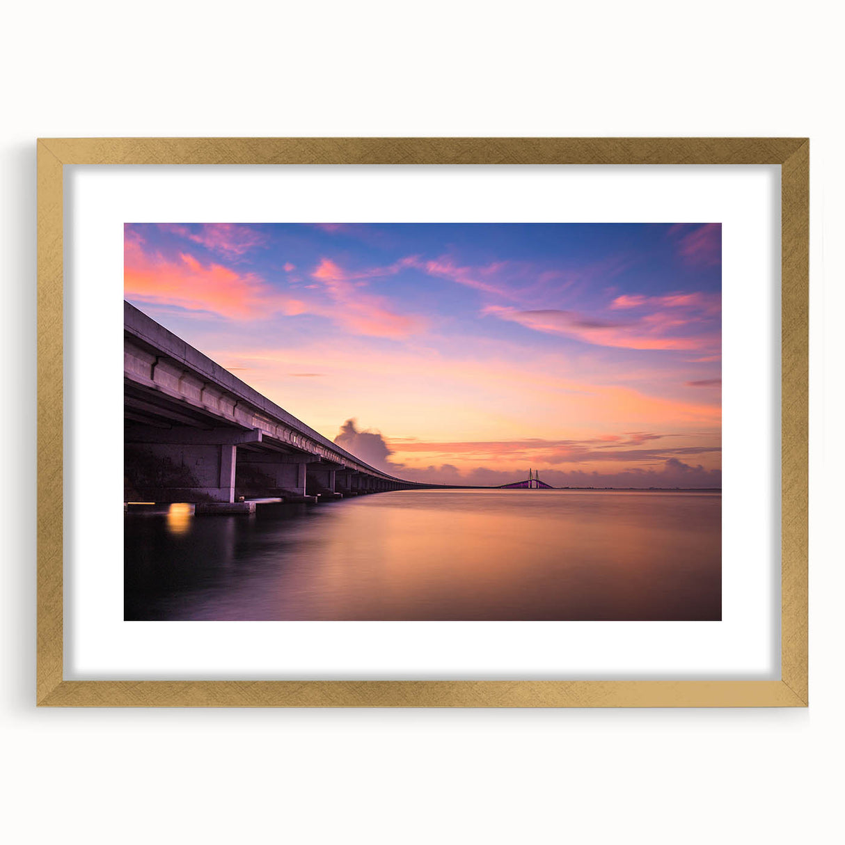 Extra large abstract art print of Tampa scenery in gold frame, featuring textured blue and gray tones.