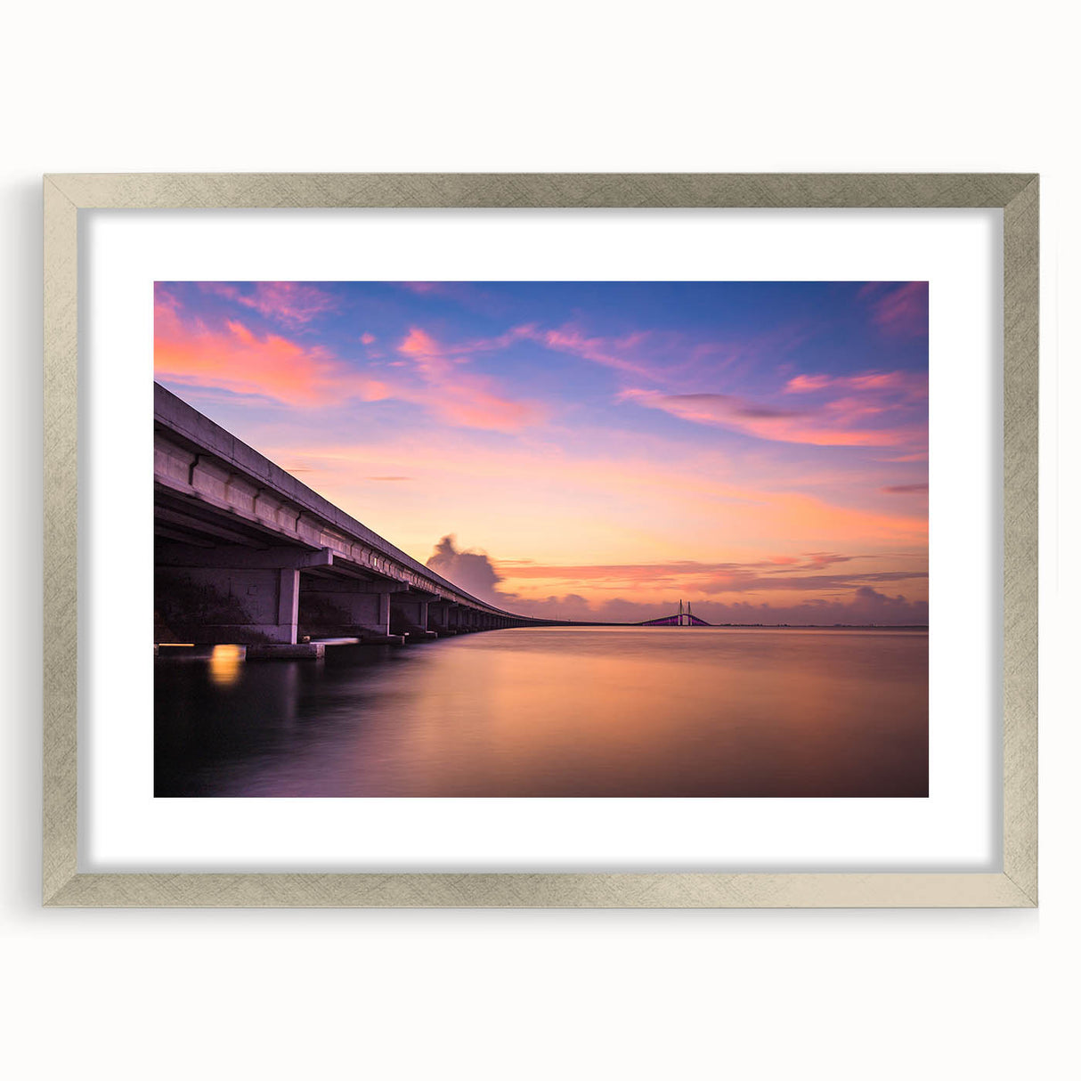 Textured abstract art print depicting a stylized Tampa skyline in muted blue and silver tones, framed in silver.