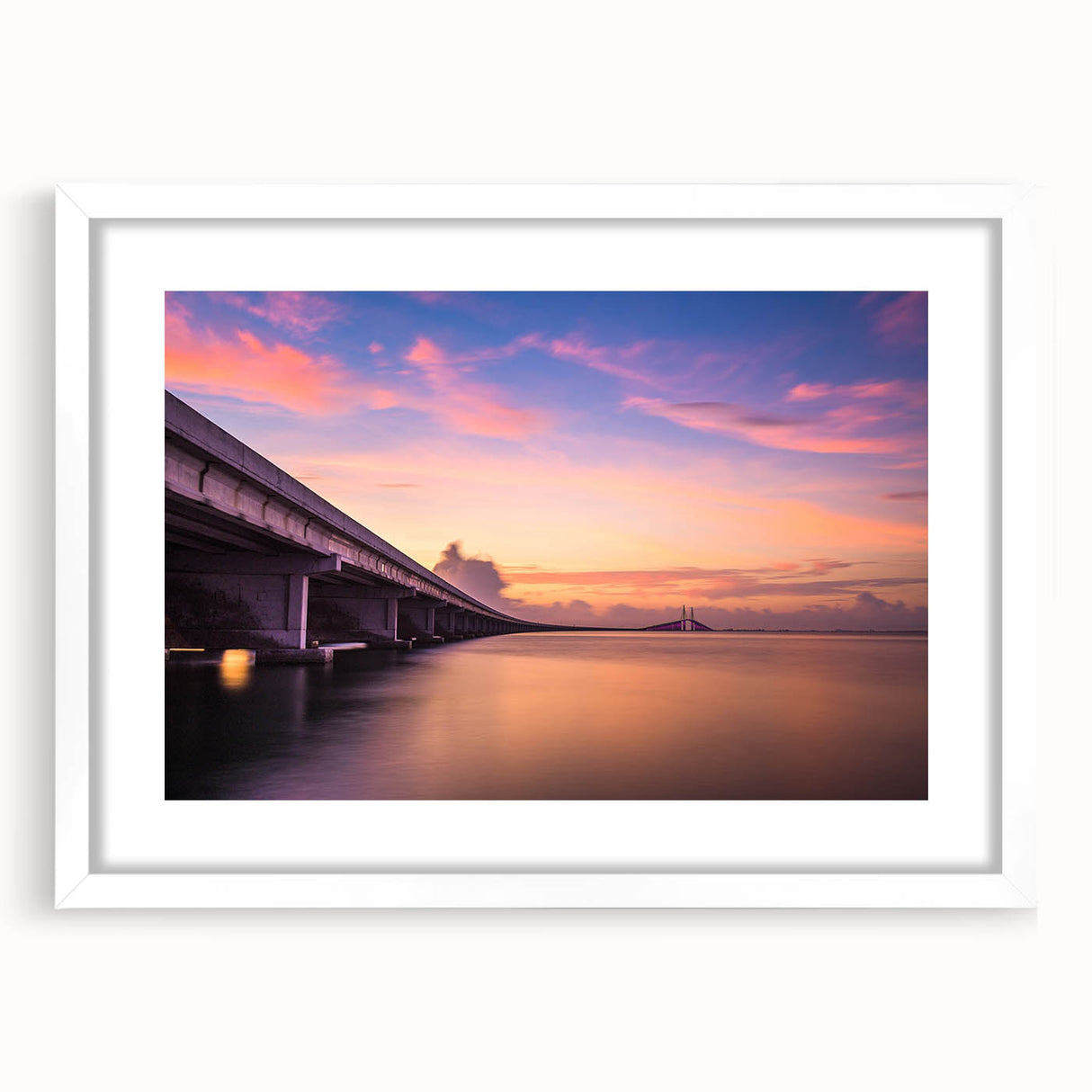 Abstract art print of Tampa skyline in muted blue and gray tones on a white framed canvas, suitable for dining room decor.