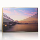 Large art print of Tampa skyline in gold and blue tones on framed acrylic.