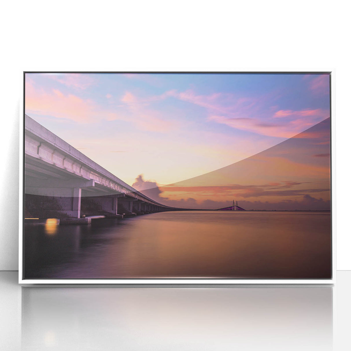 Art deco poster of Tampa skyline in pastel shades on white framed acrylic, suitable for modern art wall decor.