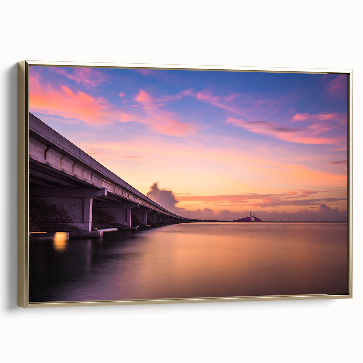 Framed canvas wall art featuring a vintage-style landscape of Tampa, Florida in muted gold and black tones.