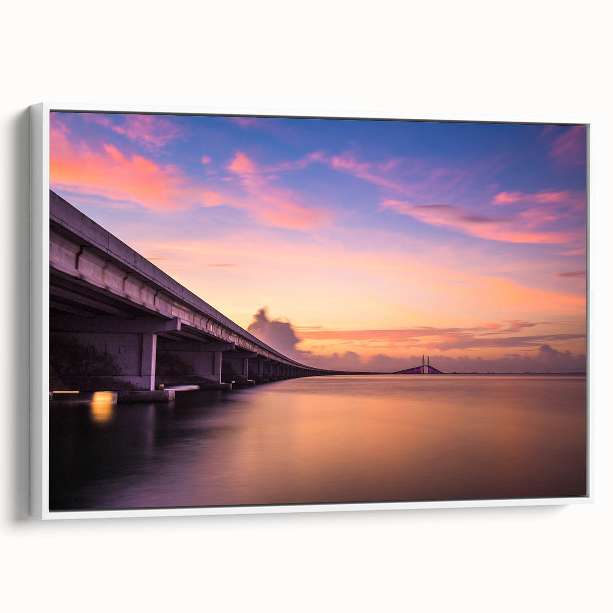 Vintage poster art of Tampa skyline in vibrant colors on a large framed canvas, suitable for living room decor.