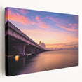 Side view of a stretched canvas depicting the Tampa skyline in muted blue and green shades, suitable for kitchen wall decor.