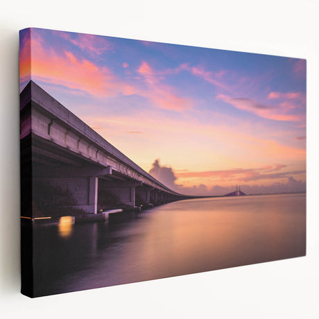 Side view of a stretched canvas depicting the Tampa skyline in muted blue and green shades, suitable for kitchen wall decor.