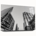 Acrylic print of Atlanta skyline in muted grays and blues, suitable for modern dining room decor.