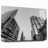 Acrylic print of Atlanta skyline in muted grays and blues, suitable for modern dining room decor.
