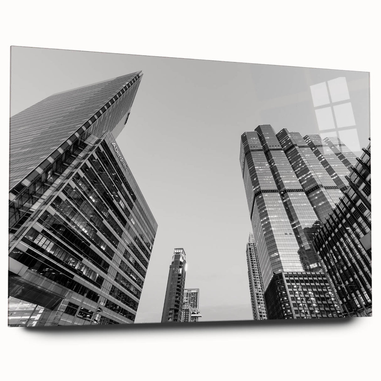 Acrylic print of Atlanta skyline in muted twilight hues, suitable for bedroom or dining room decor.