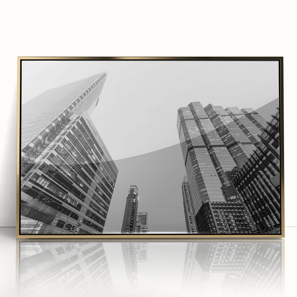Large art print of Atlanta skyline in gold tones on acrylic, in a mid-century modernist style, suitable for modern decor.