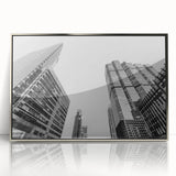 Mid-century modernist Atlanta skyline in muted gray and silver tones on a framed acrylic print.