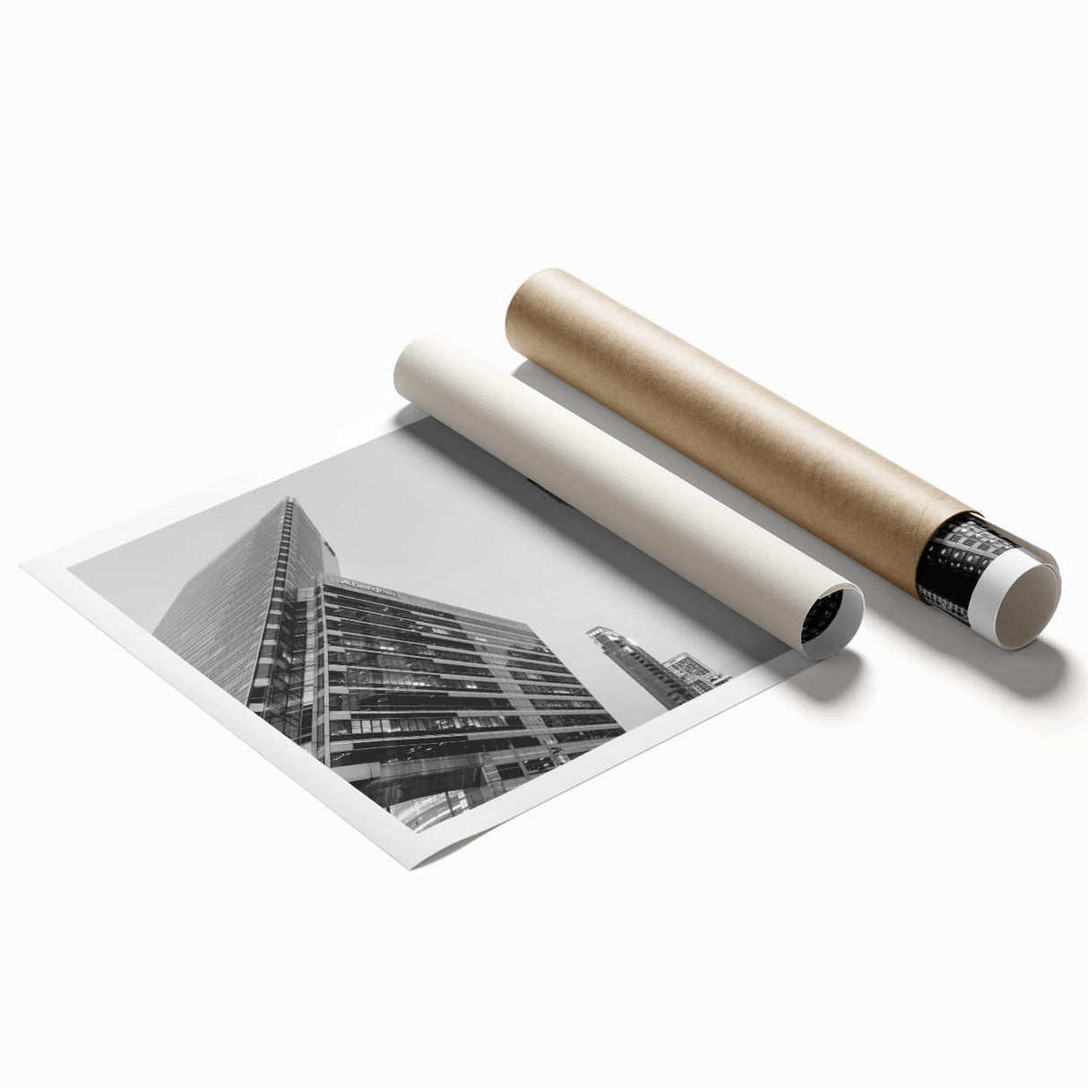 Atlanta skyline in muted gray and blue tones on a large rolled canvas, suitable for classy bathroom wall art.
