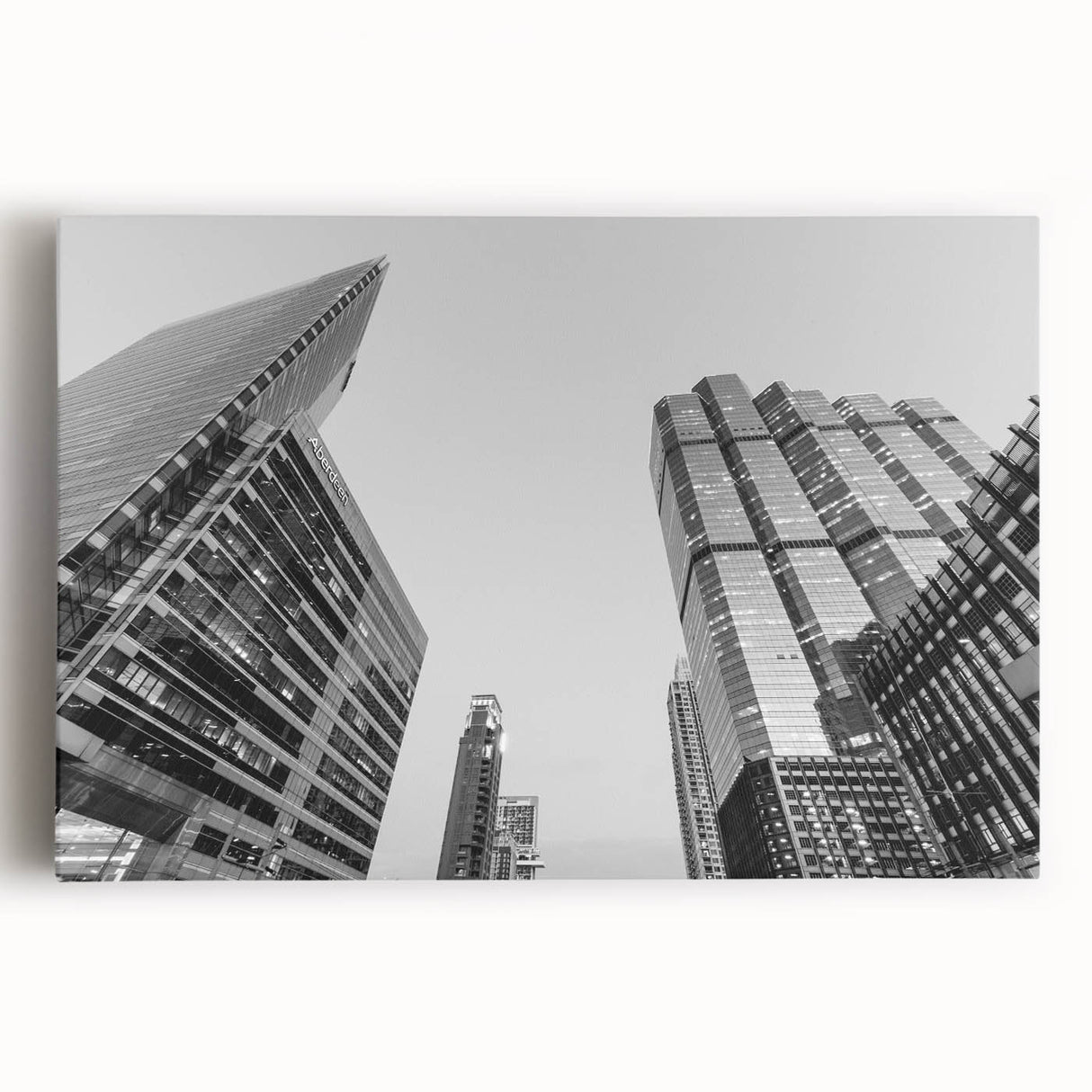 Black and white stretched canvas of the Atlanta skyline, ideal for kitchen wall art.