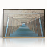Framed acrylic print of Savannah, Georgia, featuring gold tones and mid-century modernist style.