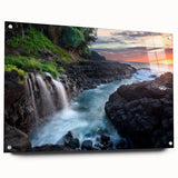 Large abstract wall art of Kauai scenery in vibrant green and blue tones on acrylic glass.