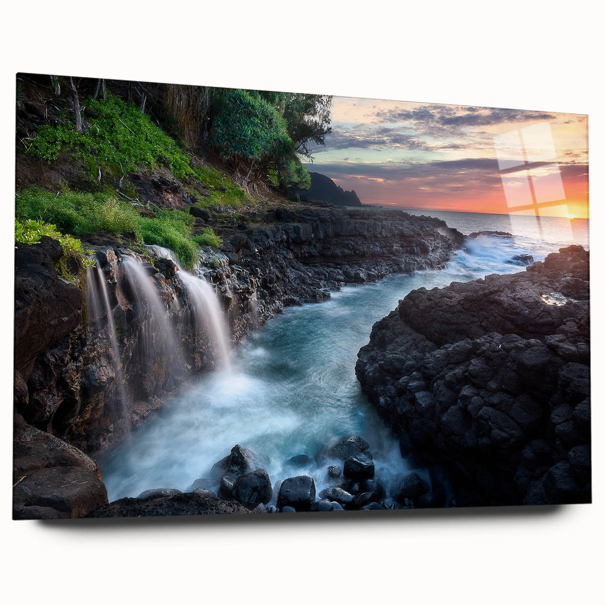 Large abstract wall art depicting the Kauai, Hawaii scenery in vibrant green and blue tones on acrylic glass.