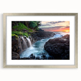 Textured art print depicting an abstract Kauai landscape, using muted earth tones, framed in silver, ideal for bedroom art.